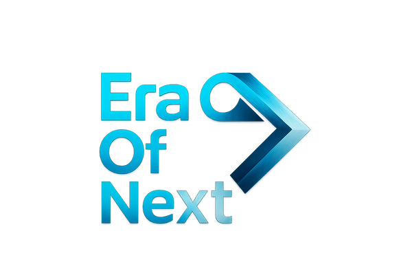 The name is 'Era Of Next'. Please, don't change the format. The color must have a color anomaly perfectly where blue sky, dark blue, gray and white are present. Moreover the colors must be captivating, penetrating, a bit futuristic but simple and attractive. Maybe it can work adding a kind of arrow beside the text.